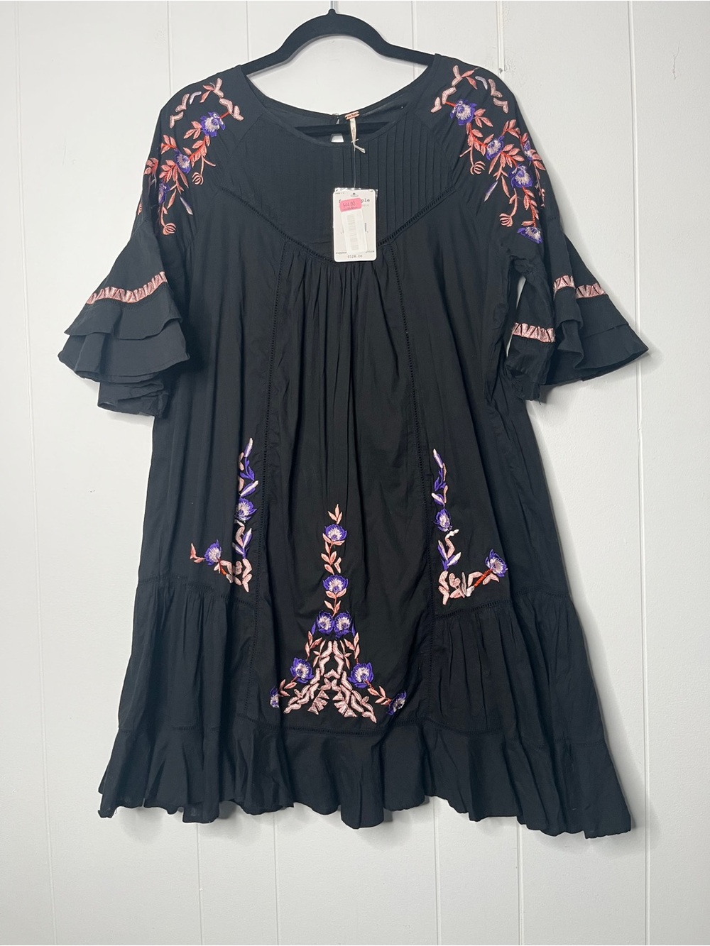 Free People Pavlo Embroidered Boho Babydoll Dress with Bell Sleeves Size L